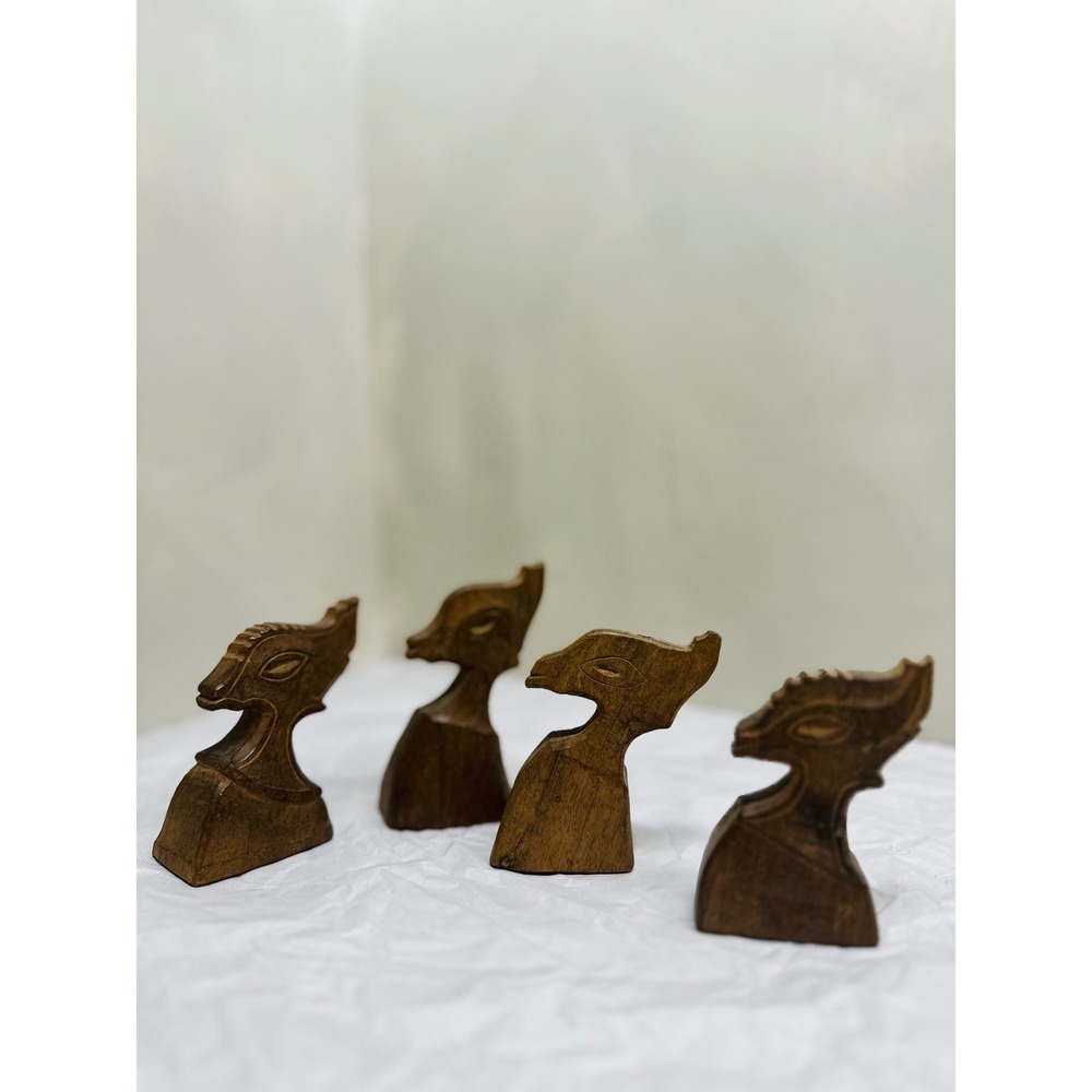 Vintage MCM Hand Carved Wood Gazelle Antelope Llama Alpaca boho figurines set/4